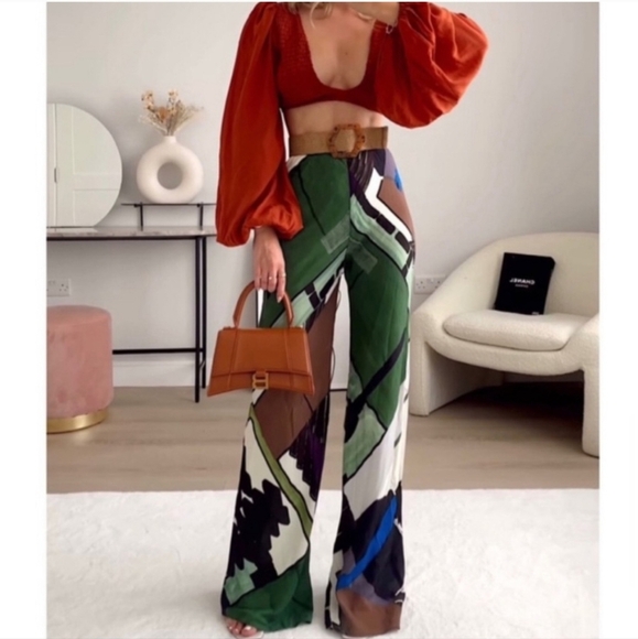 ZARA TRAF abstract print green Multi Wide Leg Pants. Size XS NWT - Picture 1 of 16